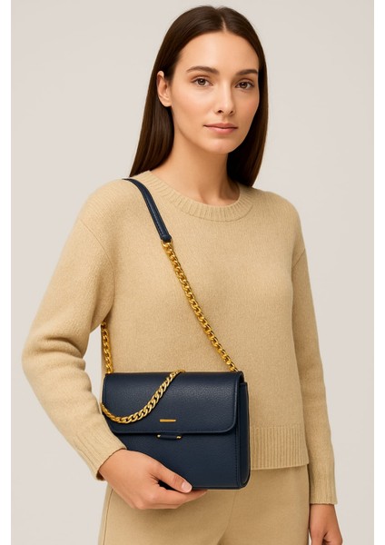 Kadın Yumuşak Deri Zincir Detaylı Bölmeli Şık Zarif El & Omuz ve Çapraz Askılı