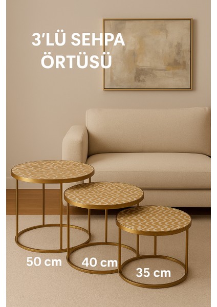 Kullanışlı ve Dekoratif 3’lü Pvc Sehpa Örtüsü Takımı Şık Tasarım Oturma Odası Seti Silinebilir Gold