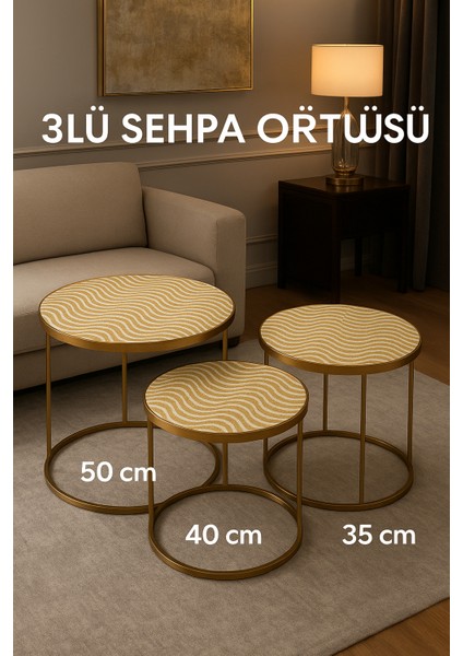 Kullanışlı ve Dekoratif 3’lü Pvc Sehpa Örtüsü Takımı Şık Tasarım Oturma Odası Seti Silinebilir Gold fiyatları