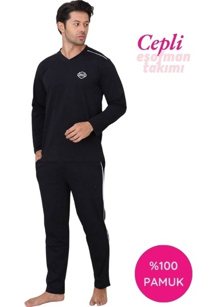 Erkek Siyah V Yaka %100 Pamuk Mevsimlik Uzun Kol Pijama Takımı-Siyah Cepli Eşofman Takımı