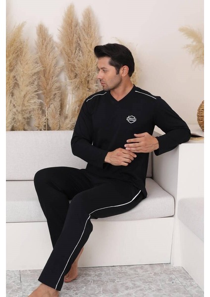 Erkek Siyah V Yaka %100 Pamuk Mevsimlik Uzun Kol Pijama Takımı-Siyah Cepli Eşofman Takımı fiyatları