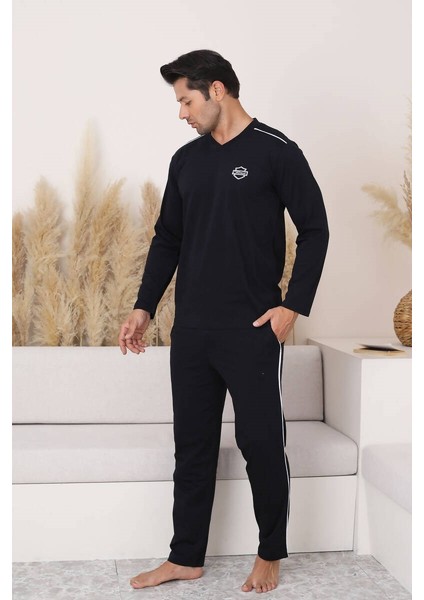 Erkek Siyah V Yaka %100 Pamuk Mevsimlik Uzun Kol Pijama Takımı-Siyah Cepli Eşofman Takımı fırsatları