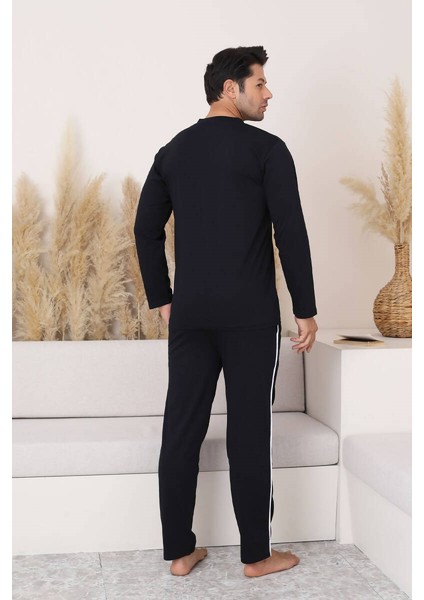 Erkek Siyah V Yaka %100 Pamuk Mevsimlik Uzun Kol Pijama Takımı-Siyah Cepli Eşofman Takımı indirimleri