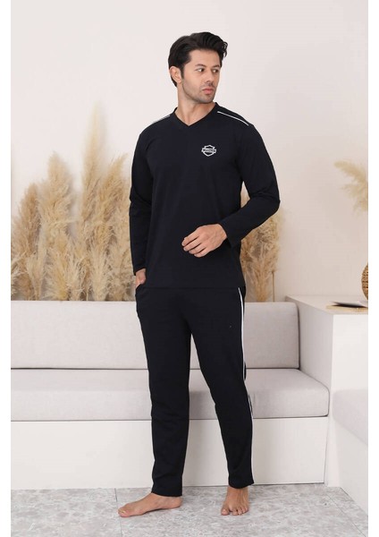 Erkek Siyah V Yaka %100 Pamuk Mevsimlik Uzun Kol Pijama Takımı-Siyah Cepli Eşofman Takımı