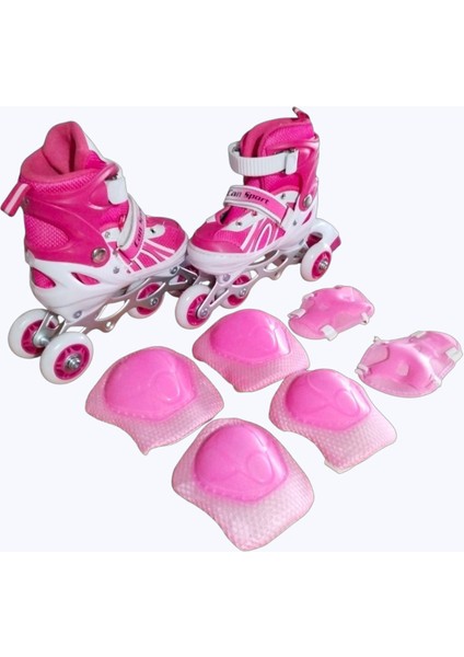 Cansport Alıştırma Frenli Işıklı Paten Pembe ve Dizlik Seti