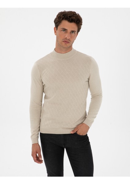 Erkek Kum Melanj Slim Fit Yarım Balıkçı Yaka Triko Kazak 50318128-VR123