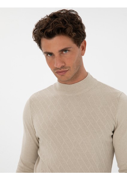 Erkek Kum Melanj Slim Fit Yarım Balıkçı Yaka Triko Kazak 50318128-VR123 fiyatları