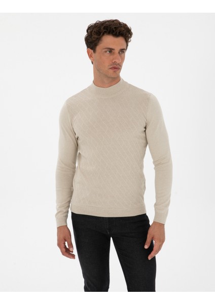 Erkek Kum Melanj Slim Fit Yarım Balıkçı Yaka Triko Kazak 50318128-VR123 modelleri