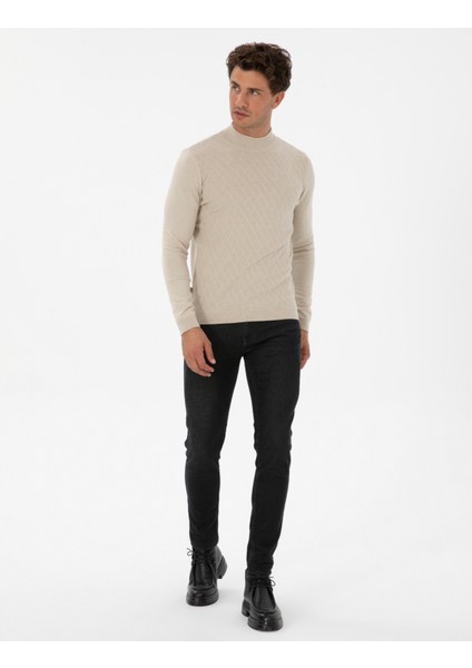 Erkek Kum Melanj Slim Fit Yarım Balıkçı Yaka Triko Kazak 50318128-VR123 fırsatları