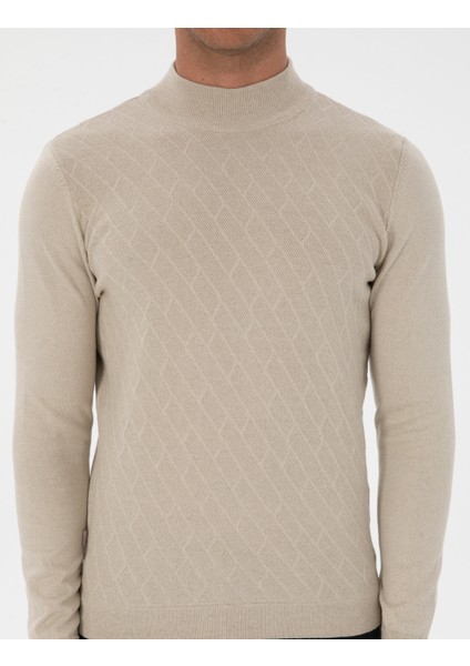 Erkek Kum Melanj Slim Fit Yarım Balıkçı Yaka Triko Kazak 50318128-VR123