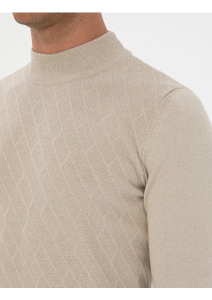 Erkek Kum Melanj Slim Fit Yarım Balıkçı Yaka Triko Kazak 50318128-VR123