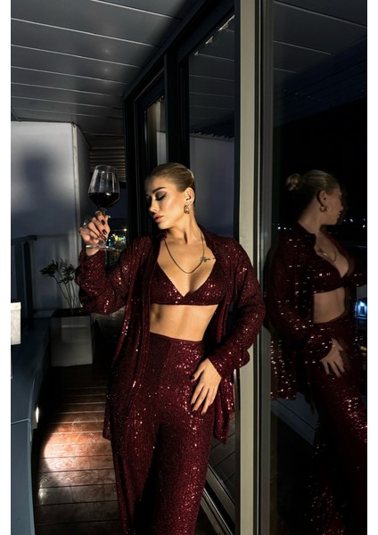 Pul Payet 3 Lü Takım - Ceket-Büstiyer-Pantolon - Bordo