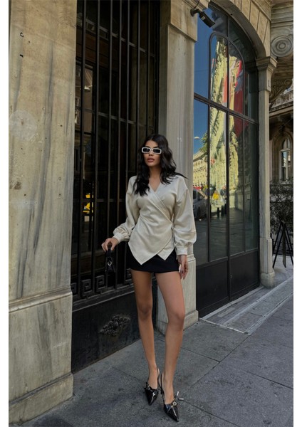 Süet Kruvaze Bluz Bağlama Detaylı - Taş