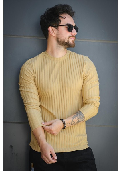Jordao Fitilli Slim Fit Likralı Bisiklet Yaka Erkek Uzun Kol Tshirt