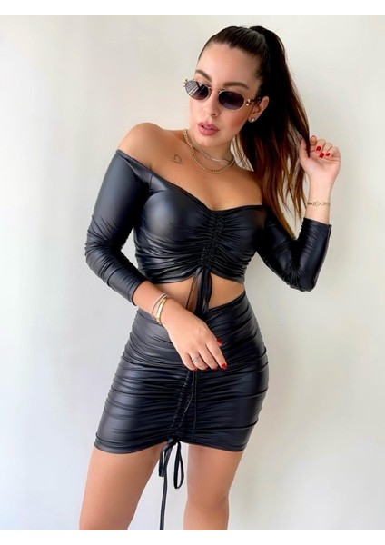 Kadın Büzgülü Deri Etek Takım Fırsat Ürün