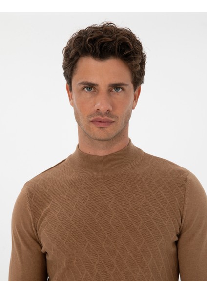 Erkek Camel Melanj Slim Fit Yarım Balıkçı Yaka Triko Kazak 50318128-VR122 fiyatları