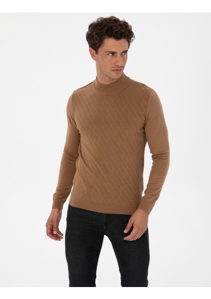 Erkek Camel Melanj Slim Fit Yarım Balıkçı Yaka Triko Kazak 50318128-VR122 modelleri