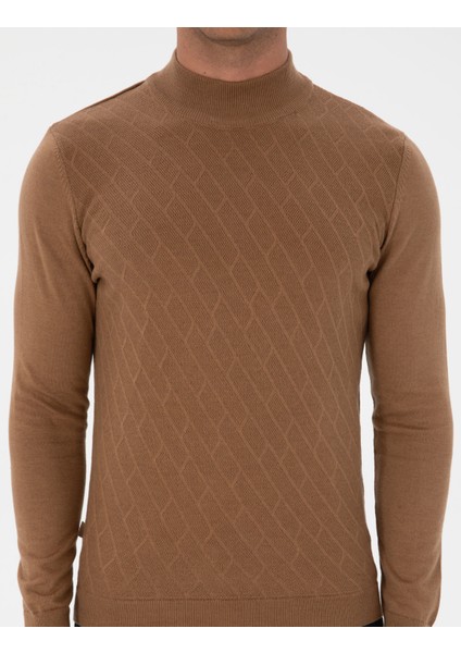 Erkek Camel Melanj Slim Fit Yarım Balıkçı Yaka Triko Kazak 50318128-VR122