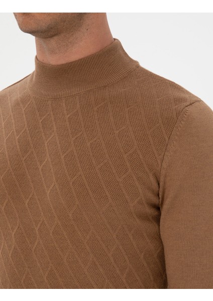 Erkek Camel Melanj Slim Fit Yarım Balıkçı Yaka Triko Kazak 50318128-VR122