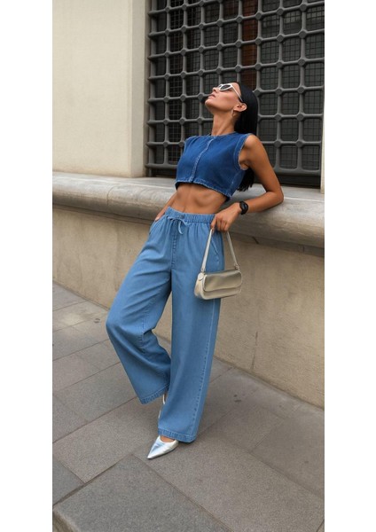 Julia Kadın Buz Mavi Beli Lastikli Bagcıklı Cepli Bol Paça İnce Kumaş Palazzo Kot Pantolon