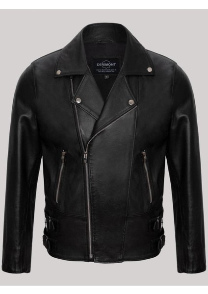 Hakiki Kuzu Derisi Siyah Erkek Deri Mont Yandan Fermuarlı Beli Kemerli Deri Ceket