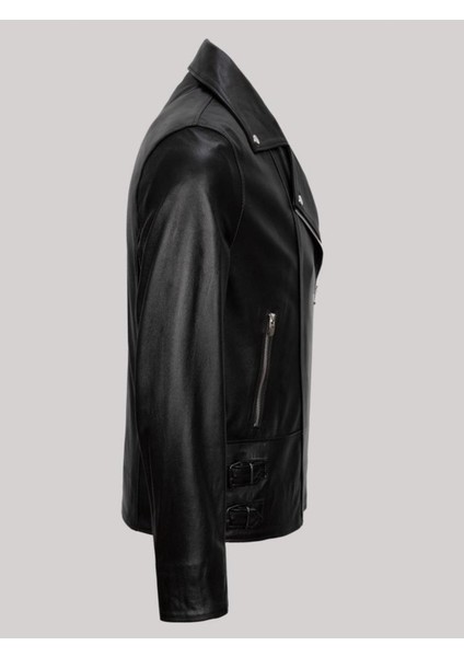 Hakiki Kuzu Derisi Siyah Erkek Deri Mont Yandan Fermuarlı Beli Kemerli Deri Ceket modelleri