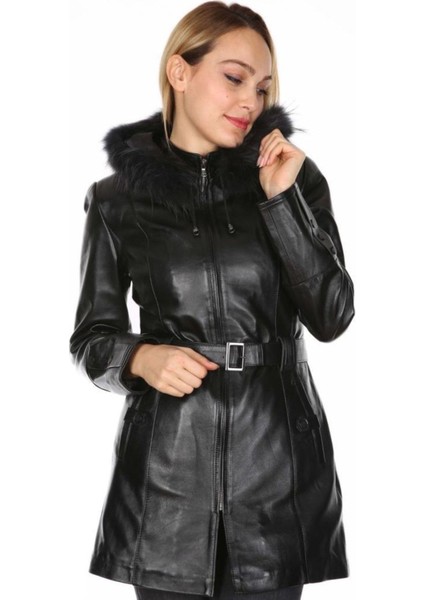 Hakiki Kuzu Derisi Siyah Kemerli Kürklü Kadın Ceket fırsatları