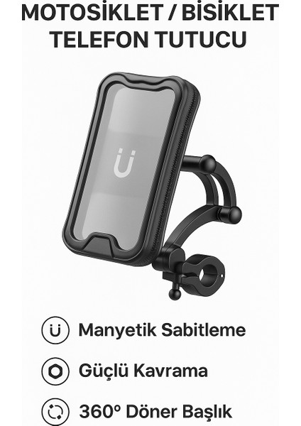 Motosiklet ve Bisiklet Gidon Bağlantılı Telefon Tutucu Güçlü Kavrama 360° Döner Başlıkı Su Geçirmez
