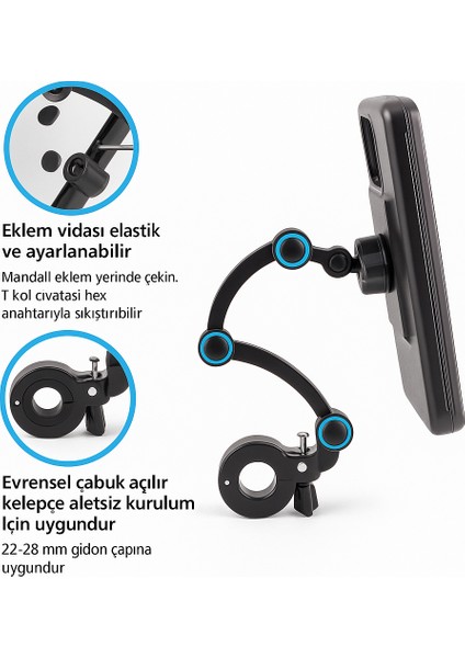 Motosiklet ve Bisiklet Gidon Bağlantılı Telefon Tutucu Güçlü Kavrama 360° Döner Başlıkı Su Geçirmez indirimleri