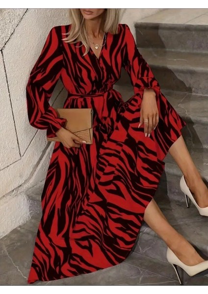 Kadın Uzun Kollu Kruvaze Yakalı Kuşaklı Zebra Desenli Süprem Maxi Elbise