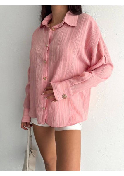 Çizgili Oversize Gömlek Pembe