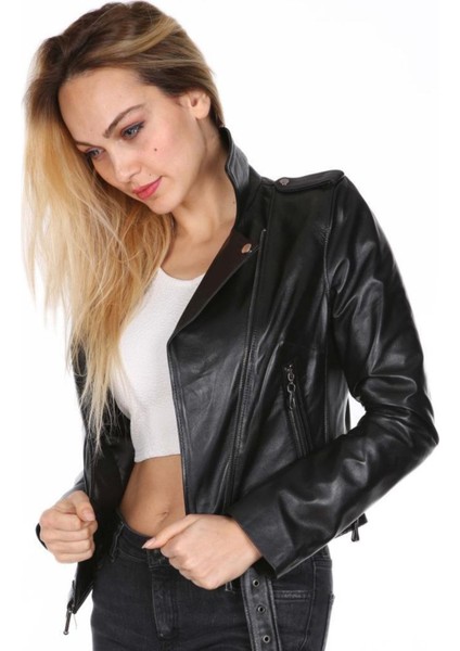 Hakiki Kuzu Derisi Siyah Kısa Spor Kadın Deri Mont fırsatları