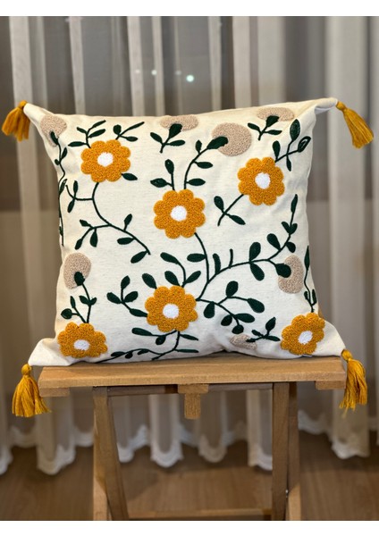 Tekli Çiçekli Punch Işlemeli Nakışlı Dekoratif Premium Kırlent Kılıfı