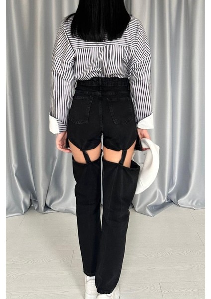 Siyah Askılı Iki Parça Jeans Pantolon