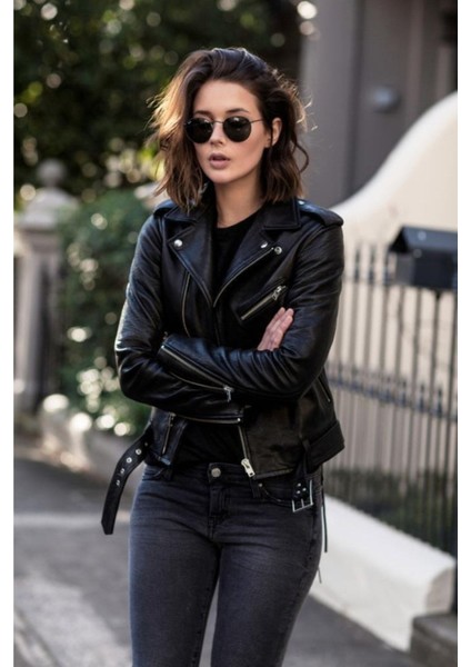 Hakiki Kuzu Derisi Siyah Kemerli Spor Kadın Deri Mont