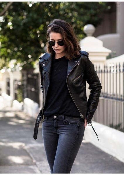 Hakiki Kuzu Derisi Siyah Kemerli Spor Kadın Deri Mont modelleri