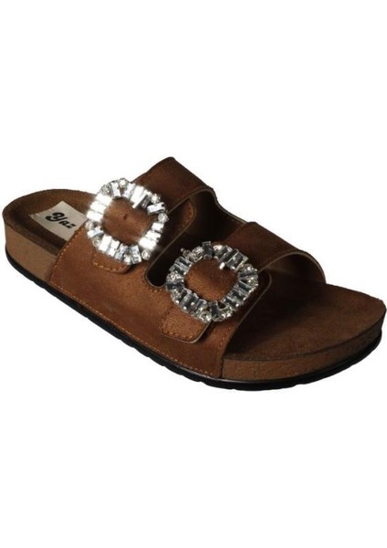 Yazkış Kadın Siyah Krem Çift Tokalı Tokası Parlak Taşlı Mantar Taban Terlik