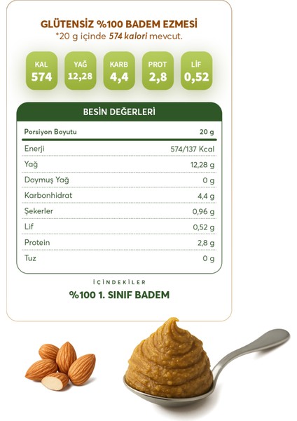 Glütensiz %100 Badem Ezmesi 300 g indirimleri