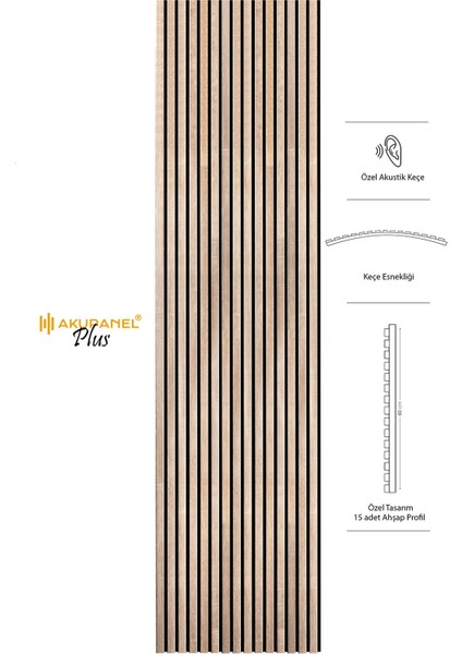 Plus 60X245 cm Meşe Renk Akustik Ahşap Duvar Paneli