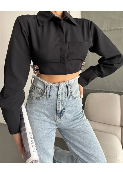 Yanı Kemer Detaylı Crop Gömlek Siyah fiyatları