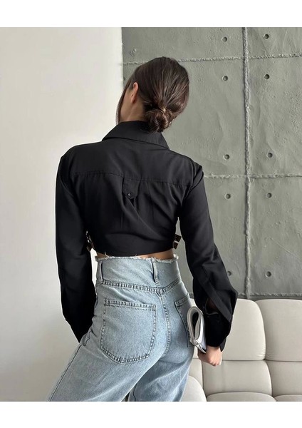 Yanı Kemer Detaylı Crop Gömlek Siyah fırsatları