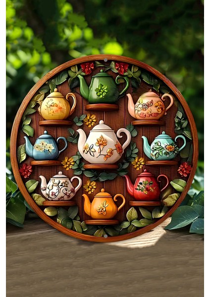 20 x 20cm Dekoratif Ahşap Duvar Süsü – Renkli Çaydanlıklar Tasarımı DT087
