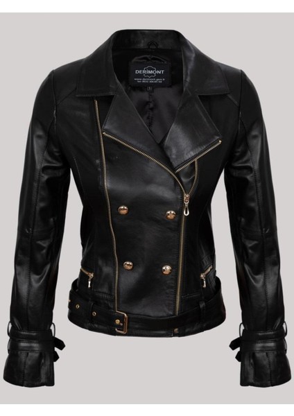 Hakiki Kuzu Derisi Siyah Kol ve Belden Kemerli Fermuar Detaylı Düğmeli Kadın Deri Mont