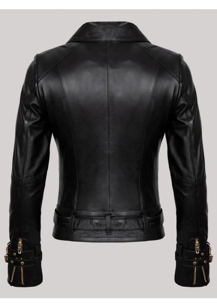 Hakiki Kuzu Derisi Siyah Kol ve Belden Kemerli Fermuar Detaylı Düğmeli Kadın Deri Mont fiyatları