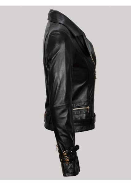 Hakiki Kuzu Derisi Siyah Kol ve Belden Kemerli Fermuar Detaylı Düğmeli Kadın Deri Mont modelleri