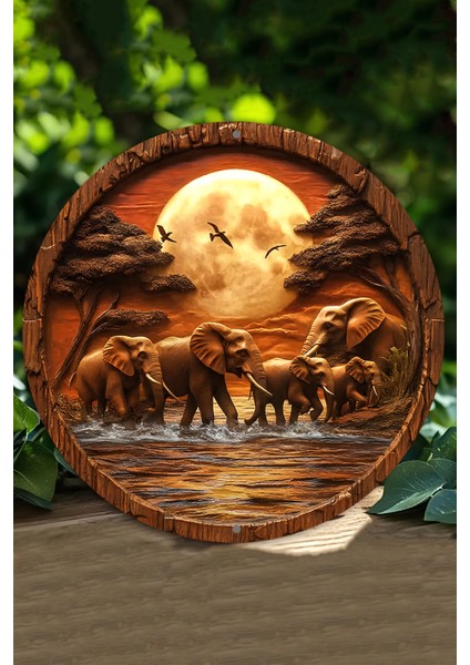33 x 33cm Dekoratif Ahşap Duvar Süsü – Filler ve Dolunay Tasarımı DT094
