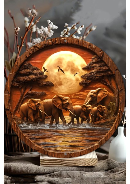 33 x 33cm Dekoratif Ahşap Duvar Süsü – Filler ve Dolunay Tasarımı DT094 modelleri