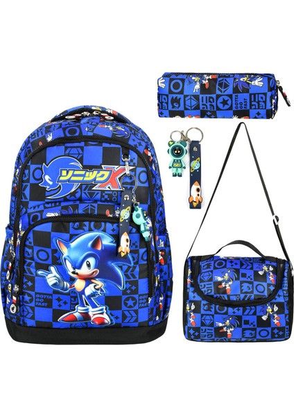 Sonic 2 Mavi Üçlü Erkek Çocuk Ilkokul Okul Çantası Seti (Çanta Termal Beslenme Çantası Kalemlik)