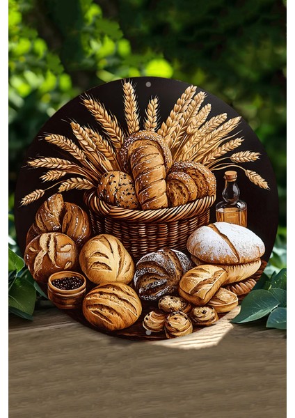 20 x 20cm Dekoratif Ahşap Duvar Süsü – Ekmek ve Buğday Tasarımı DT095
