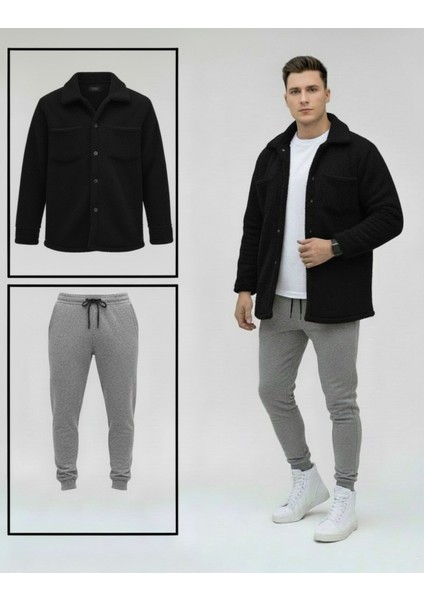 Unisex Trend Kombin Peluş Gömlek Ceket & Jogger Eşofman Takımı